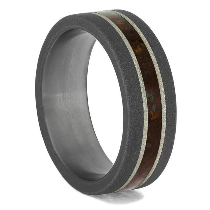 Sandblasted Titanium Dinosaur Bone Ring with Silver Pinstripes-4090 - Jewelry by Johan