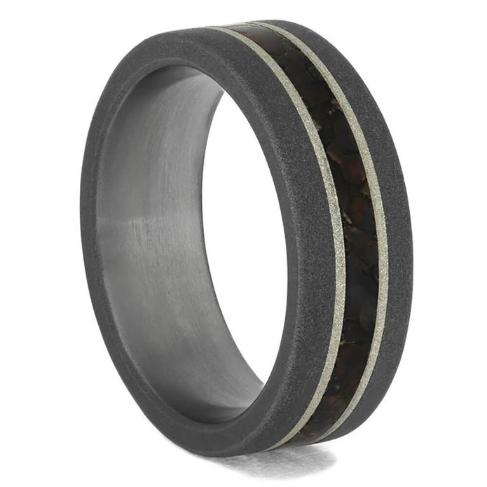 Sandblasted Titanium Dinosaur Bone Ring with Silver Pinstripes-4090 - Jewelry by Johan