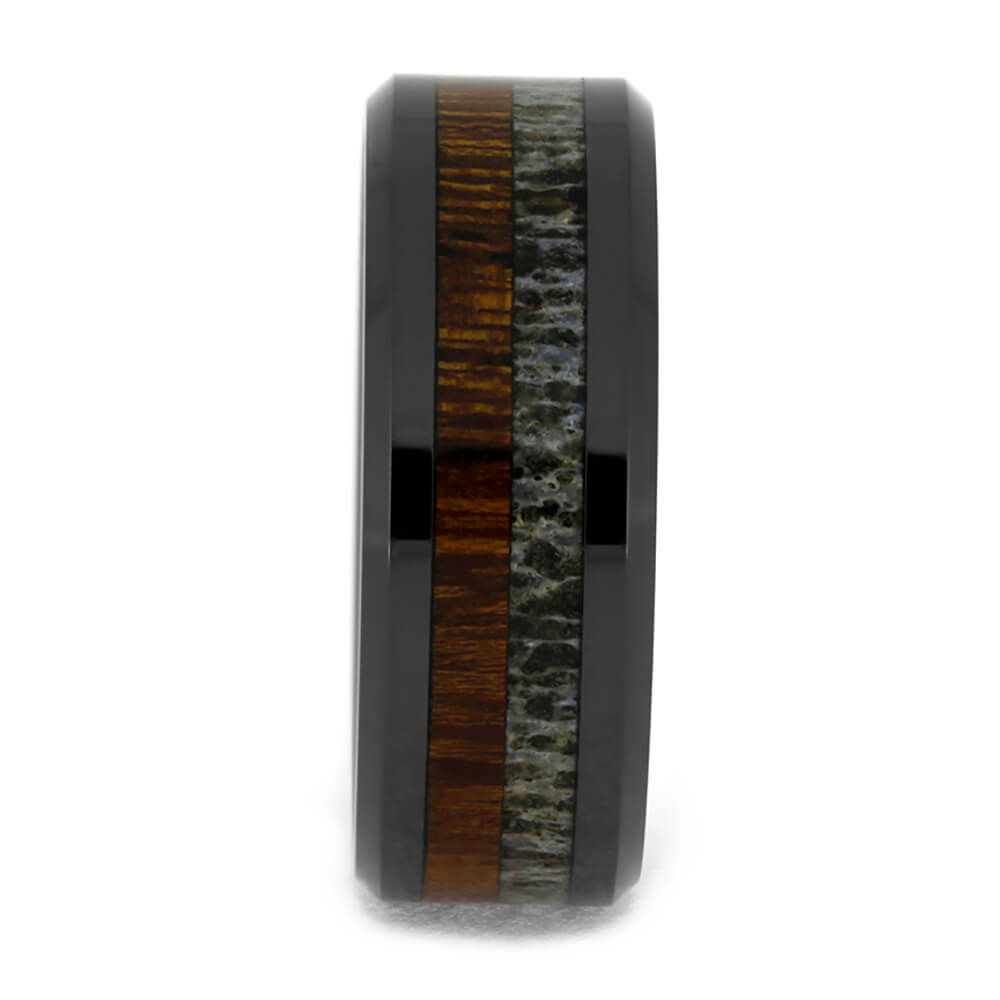 Men's Black Ceramic Wedding Band with Deer Antler and Ironwood-4092 - Jewelry by Johan