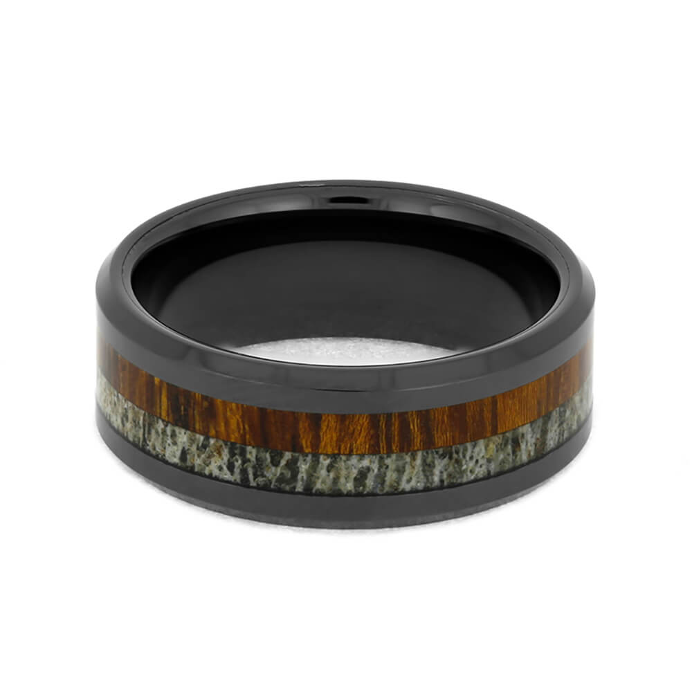 Men's Black Ceramic Wedding Band with Deer Antler and Ironwood-4092 - Jewelry by Johan