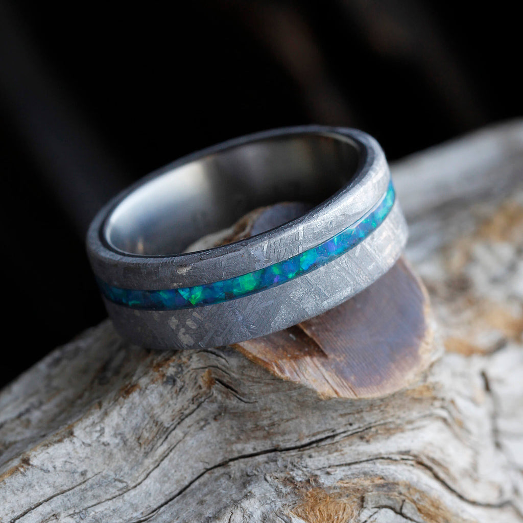 Gibeon Meteorite Wedding Band With Crushed Opal Strip, Titanium Ring-2488 - Jewelry by Johan