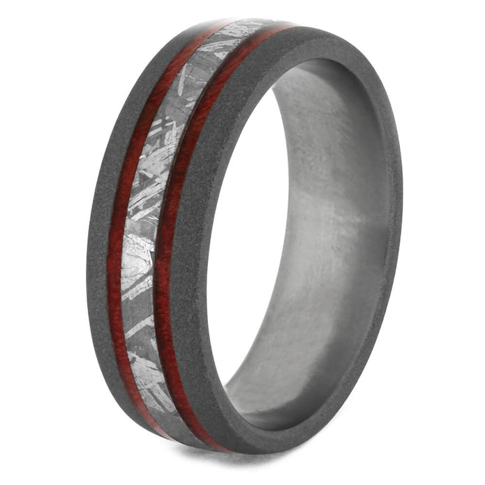 Men's Wedding Band with Meteorite and Red Box Elder Burl Wood-4152 - Jewelry by Johan