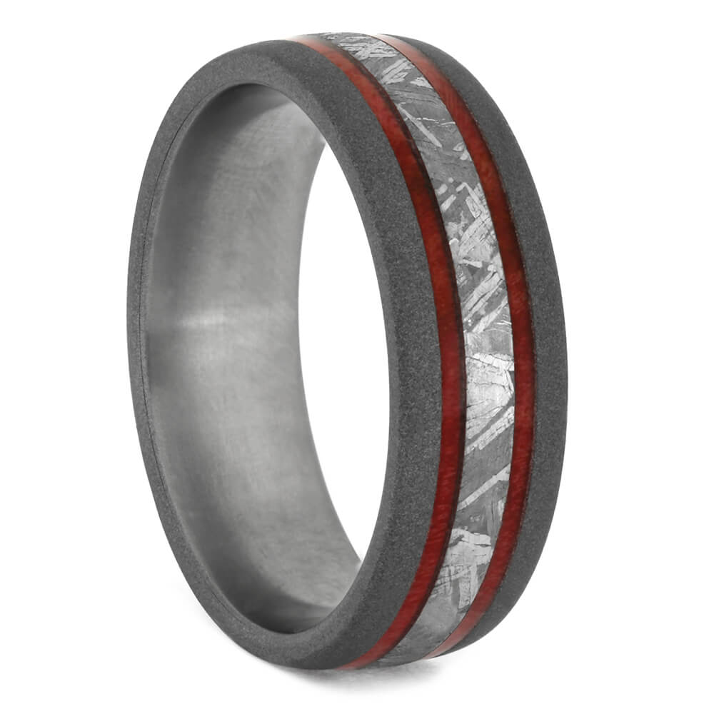 Men's Wedding Band with Meteorite and Red Box Elder Burl Wood-4152 - Jewelry by Johan