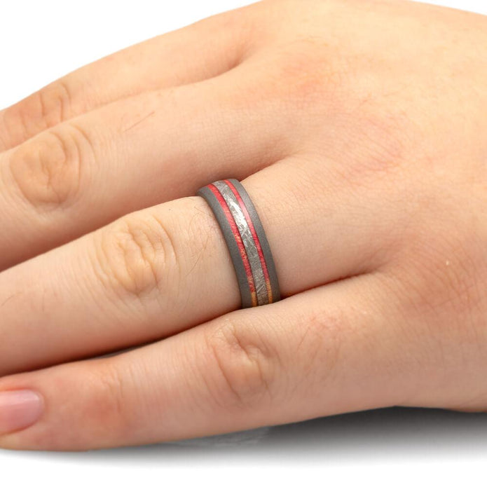 Men's Wedding Band with Meteorite and Red Box Elder Burl Wood-4152 - Jewelry by Johan