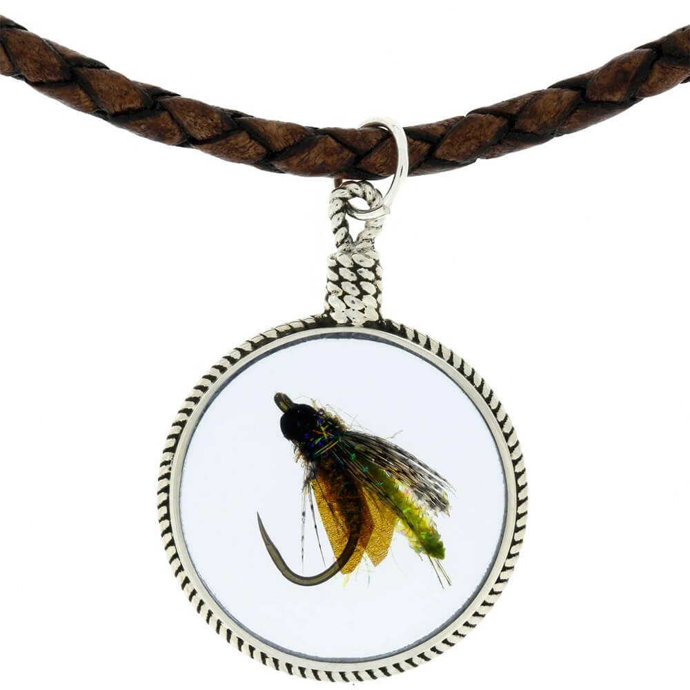 Round Fly Fishing Pendant in Transparent Blue Enamel