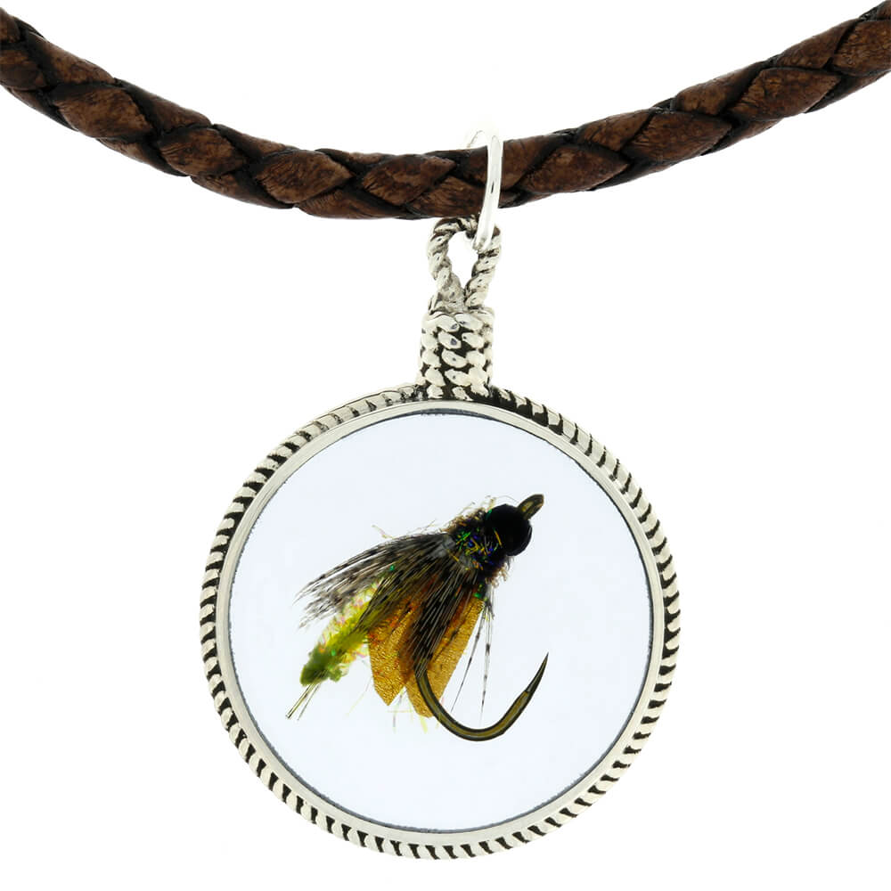 Round Fly Fishing Pendant in Transparent Blue Enamel