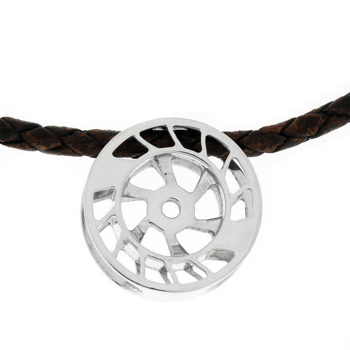 Round Reel Pendant with Brown Leather Cord