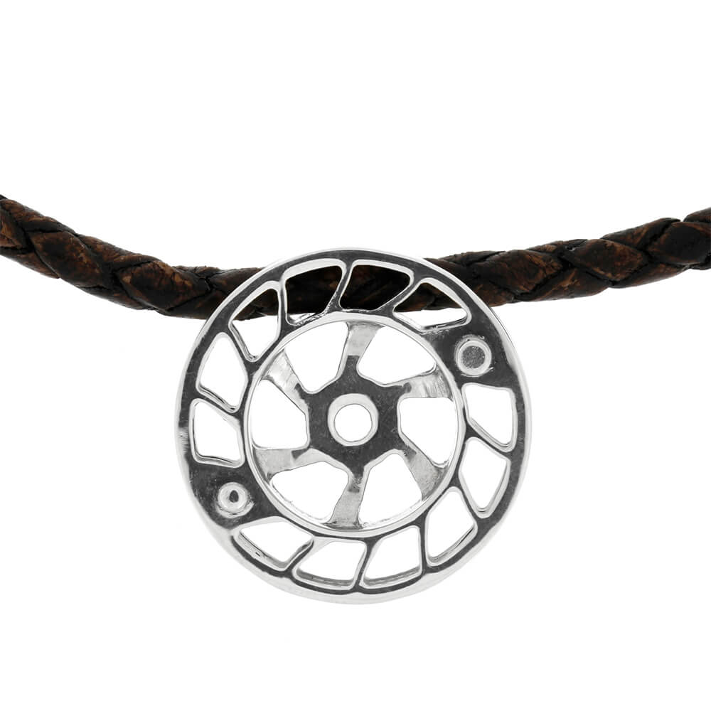 Brown Braided Leather Necklace With Reel Pendant