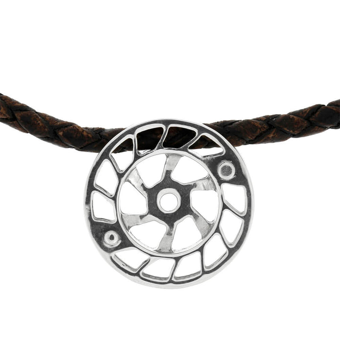 Round Reel Pendant with Brown Leather Cord