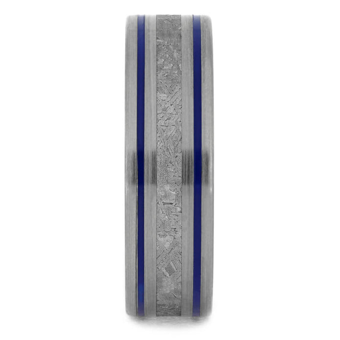 Men's Meteorite Wedding Band with Stripes of Blue Enamel-4193 - Jewelry by Johan