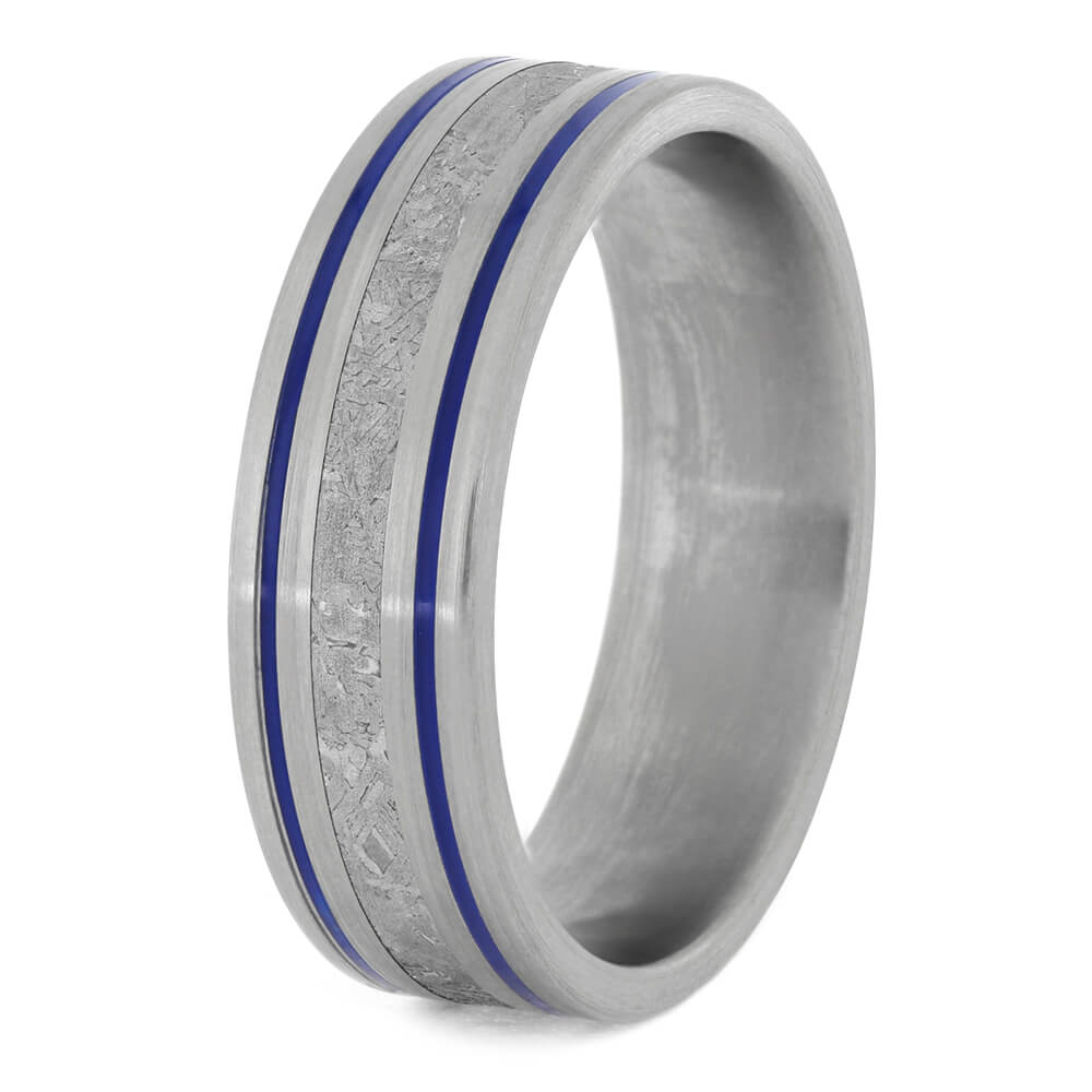 Men's Meteorite Wedding Band with Stripes of Blue Enamel-4193 - Jewelry by Johan