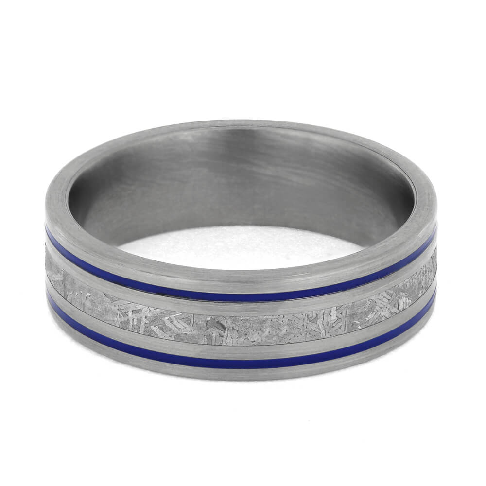 Men's Meteorite Wedding Band with Stripes of Blue Enamel-4193 - Jewelry by Johan