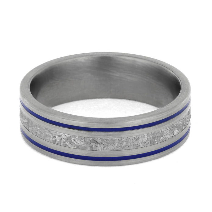Men's Meteorite Wedding Band with Stripes of Blue Enamel-4193 - Jewelry by Johan