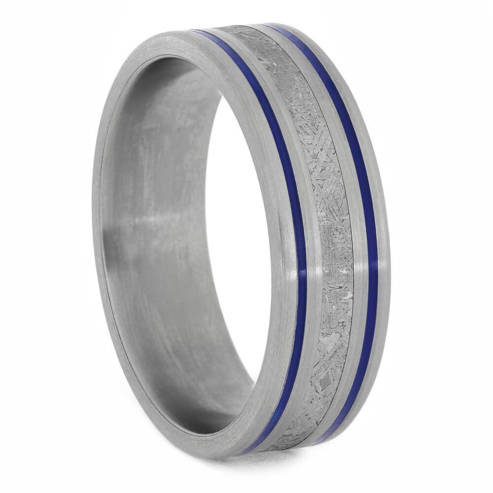 Men's Meteorite Wedding Band with Stripes of Blue Enamel-4193 - Jewelry by Johan