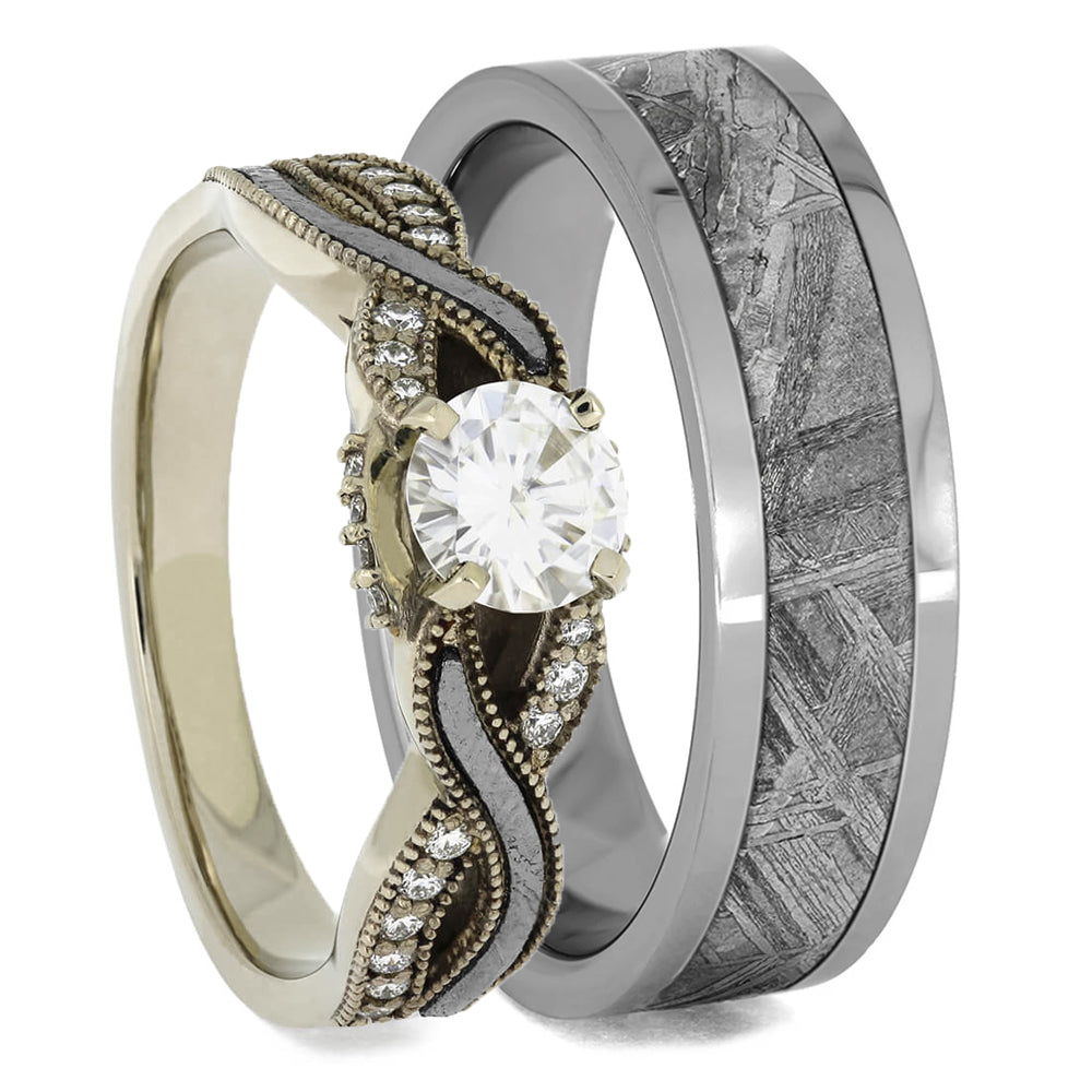 Meteorite Wedding Rings, Moissanite Engagement Ring & Wedding Band - Jewelry by Johan