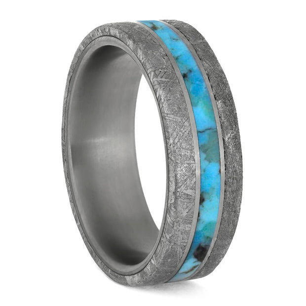Turquoise Ring for Man With Meteorite Edges Separated By Titanium-4199 - Jewelry by Johan