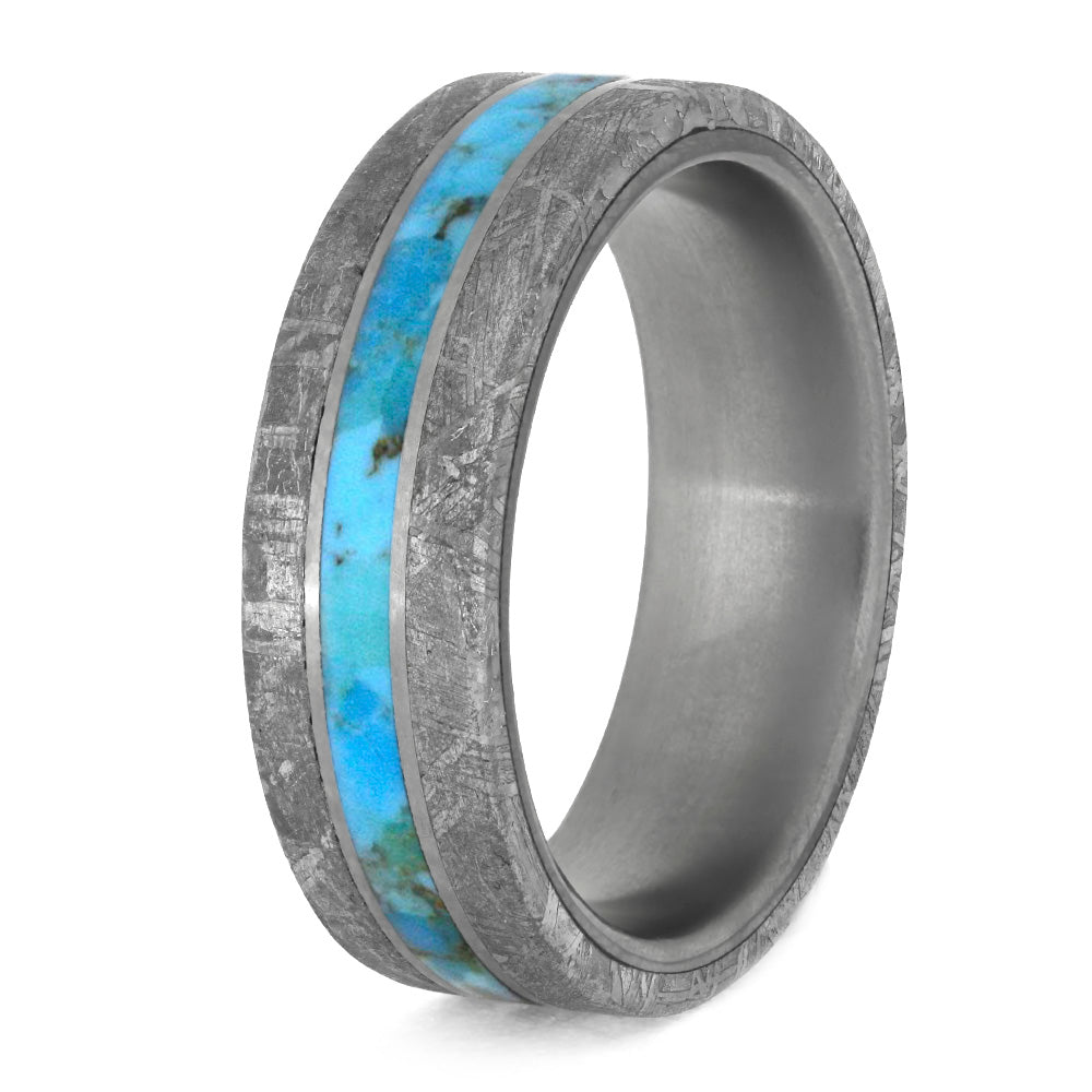 Turquoise Ring for Man With Meteorite Edges Separated By Titanium-4199 - Jewelry by Johan