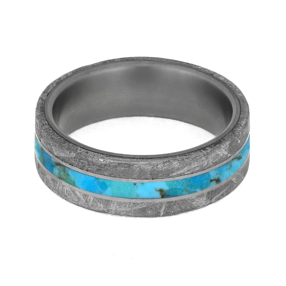 Turquoise Ring for Man With Meteorite Edges Separated By Titanium-4199 - Jewelry by Johan