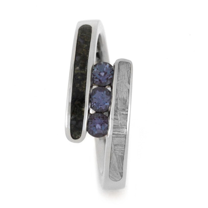 Alexandrite Three Stone Ring With Dinosaur Bone In White Gold-2007 - Jewelry by Johan