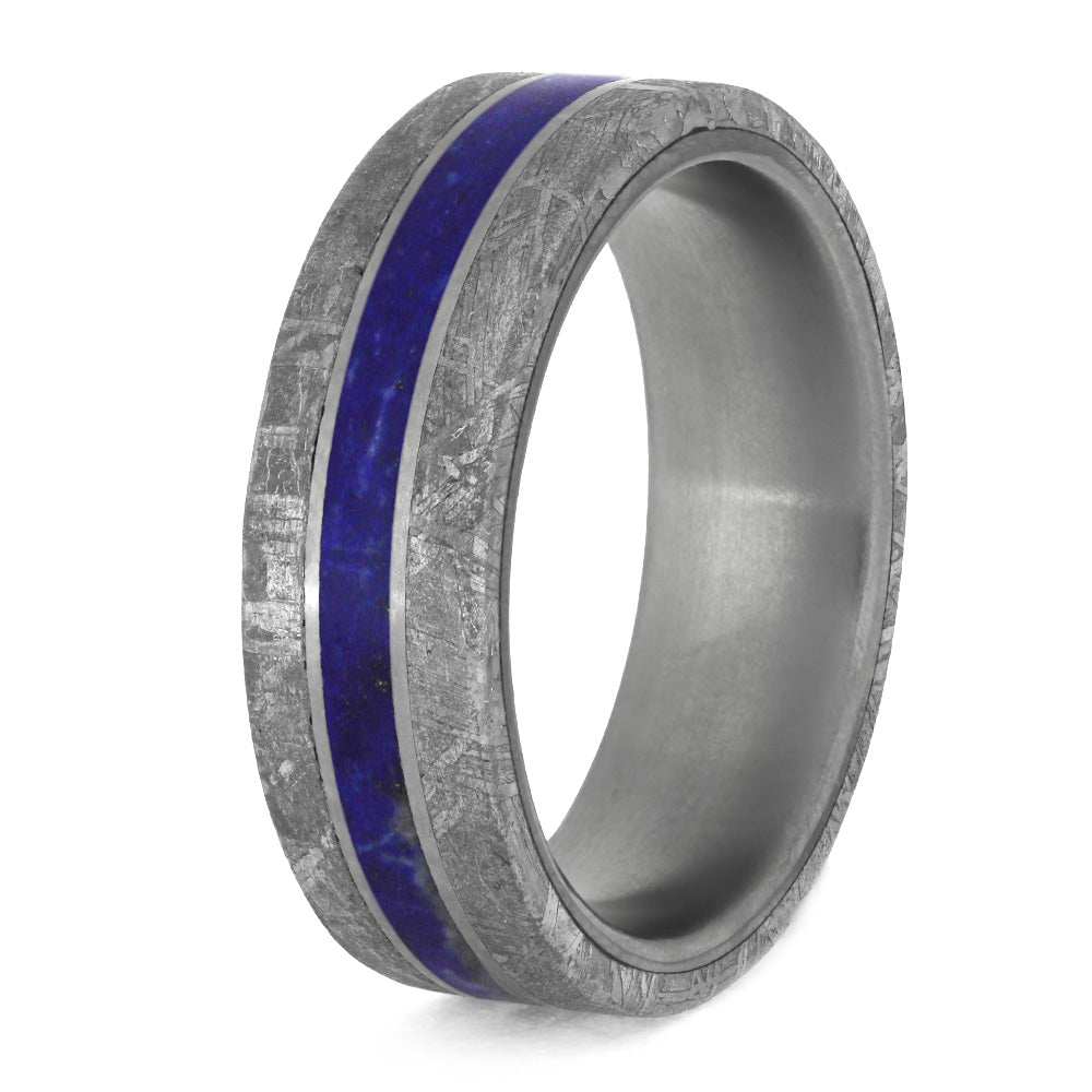 Lapis Lazuli Men's Wedding Band With Meteorite Edges Separated By Titanium-4200 - Jewelry by Johan