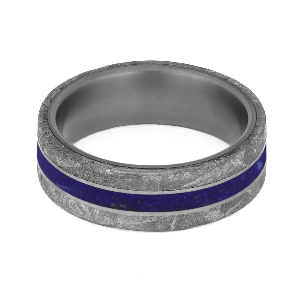 Lapis Lazuli Men's Wedding Band With Meteorite Edges Separated By Titanium-4200 - Jewelry by Johan