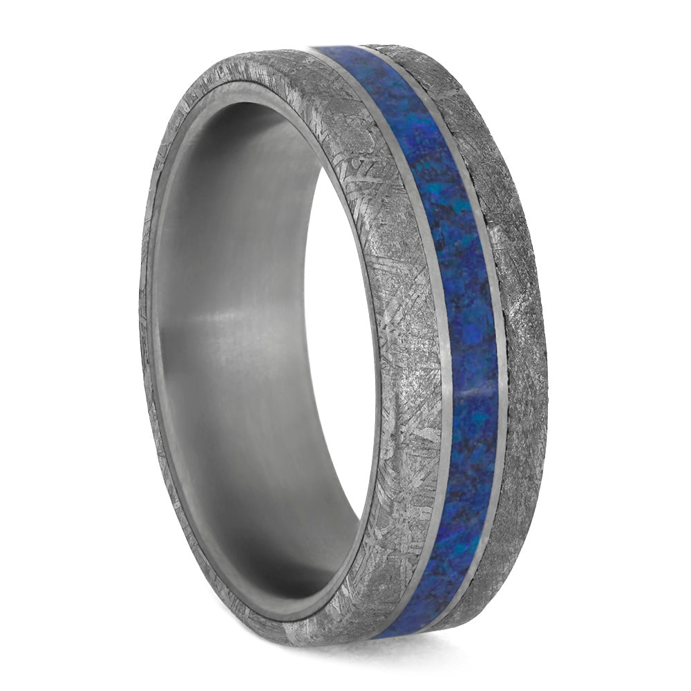 Meteorite and Dark Blue Opal Men's Wedding Band in Matte Titanium-4206 - Jewelry by Johan