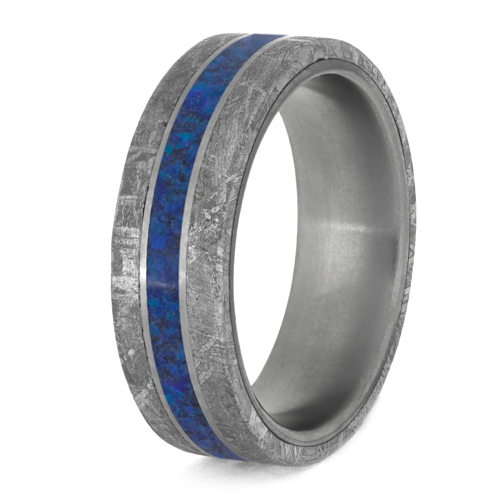 Meteorite and Dark Blue Opal Men's Wedding Band in Matte Titanium-4206 - Jewelry by Johan