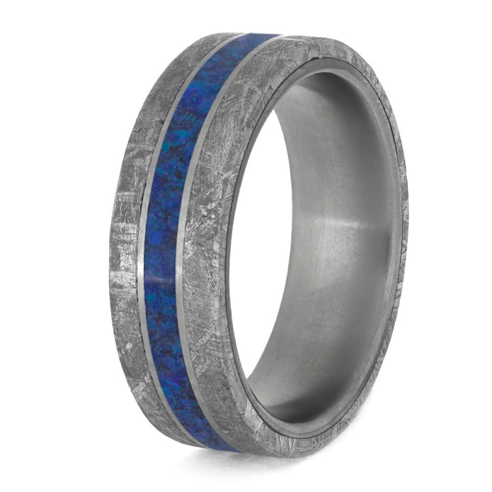 Meteorite and Dark Blue Opal Men's Wedding Band in Matte Titanium-4206 - Jewelry by Johan