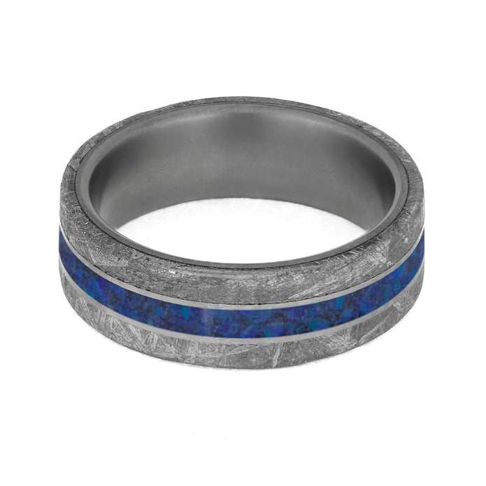 Meteorite and Dark Blue Opal Men's Wedding Band in Matte Titanium-4206 - Jewelry by Johan