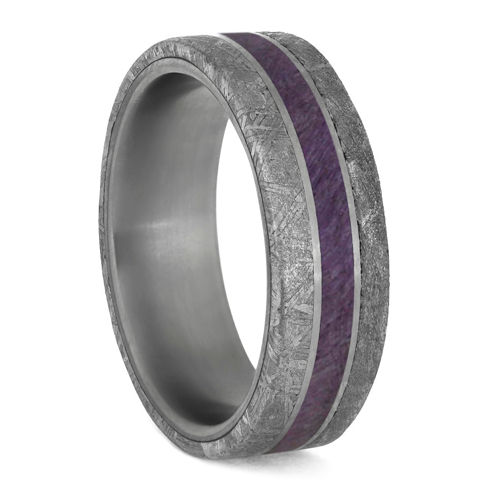 Purple Wood Men's Wedding Band Meteorite Edges Separated By Titanium Pinstripes-4207 - Jewelry by Johan