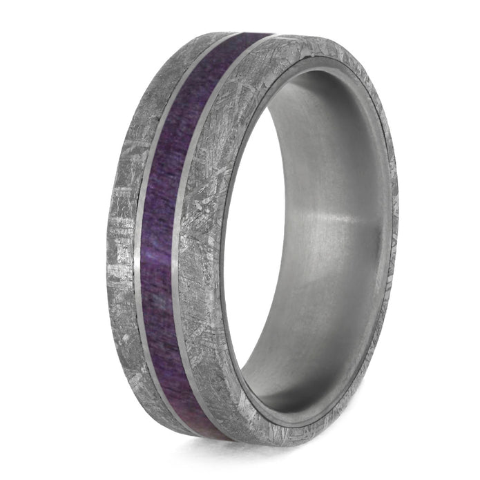 Purple Wood Men's Wedding Band Meteorite Edges Separated By Titanium Pinstripes-4207 - Jewelry by Johan