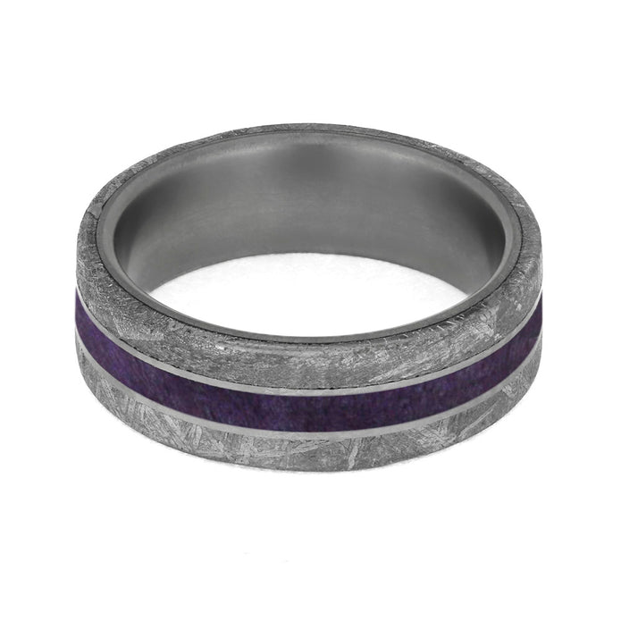 Purple Wood Men's Wedding Band Meteorite Edges Separated By Titanium Pinstripes-4207 - Jewelry by Johan
