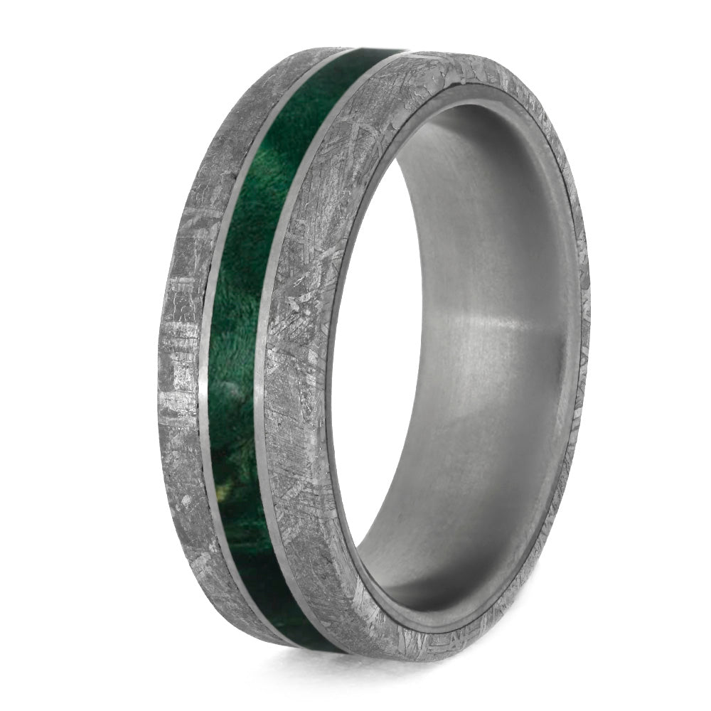 Green Wood Men's Wedding Band With Meteorite Edges Separated By Titanium Pinstripes-4208 - Jewelry by Johan