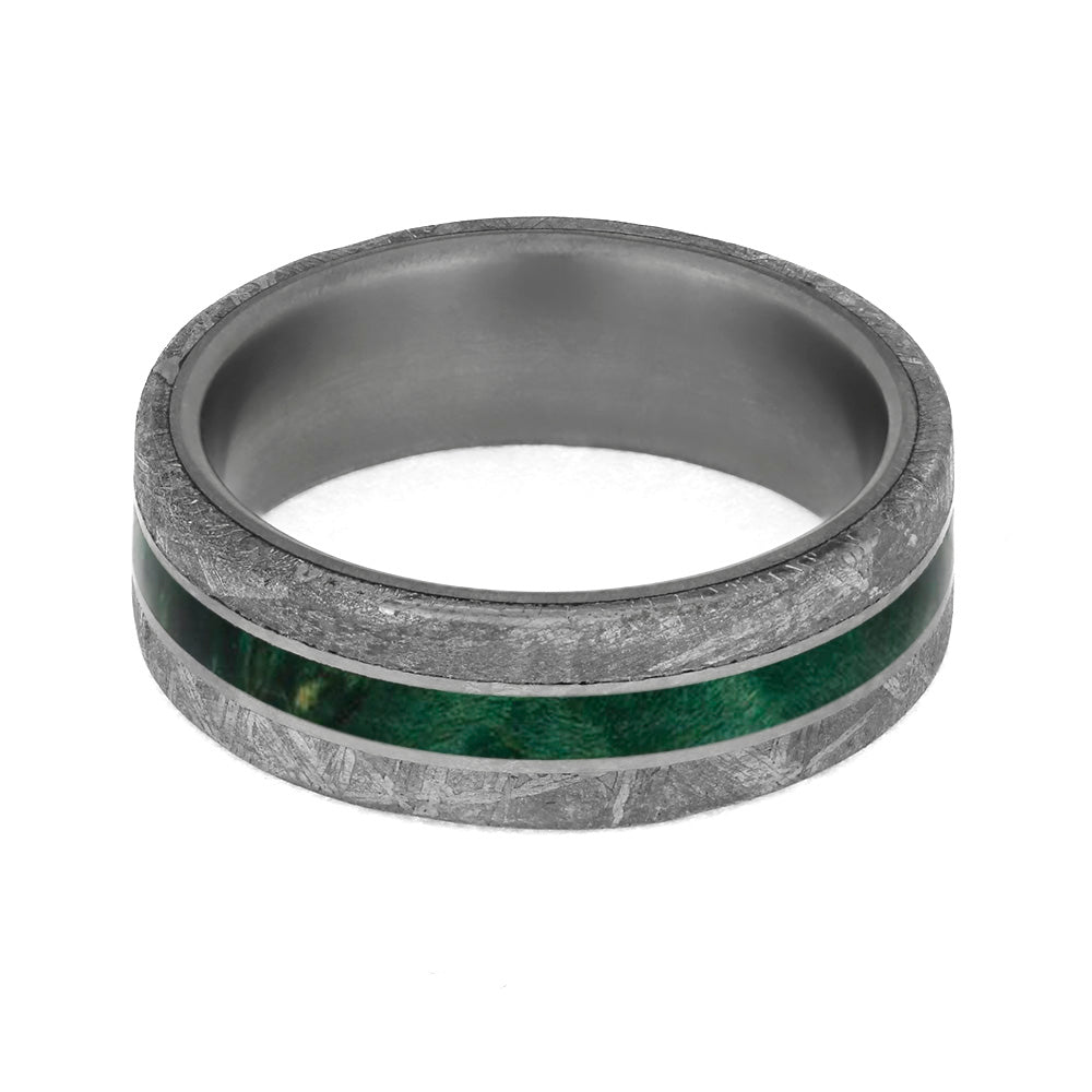 Green Wood Men's Wedding Band With Meteorite Edges Separated By Titanium Pinstripes-4208 - Jewelry by Johan