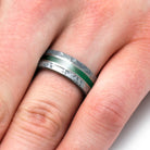 Green Wood Men's Wedding Band With Meteorite Edges Separated By Titanium Pinstripes-4208 - Jewelry by Johan