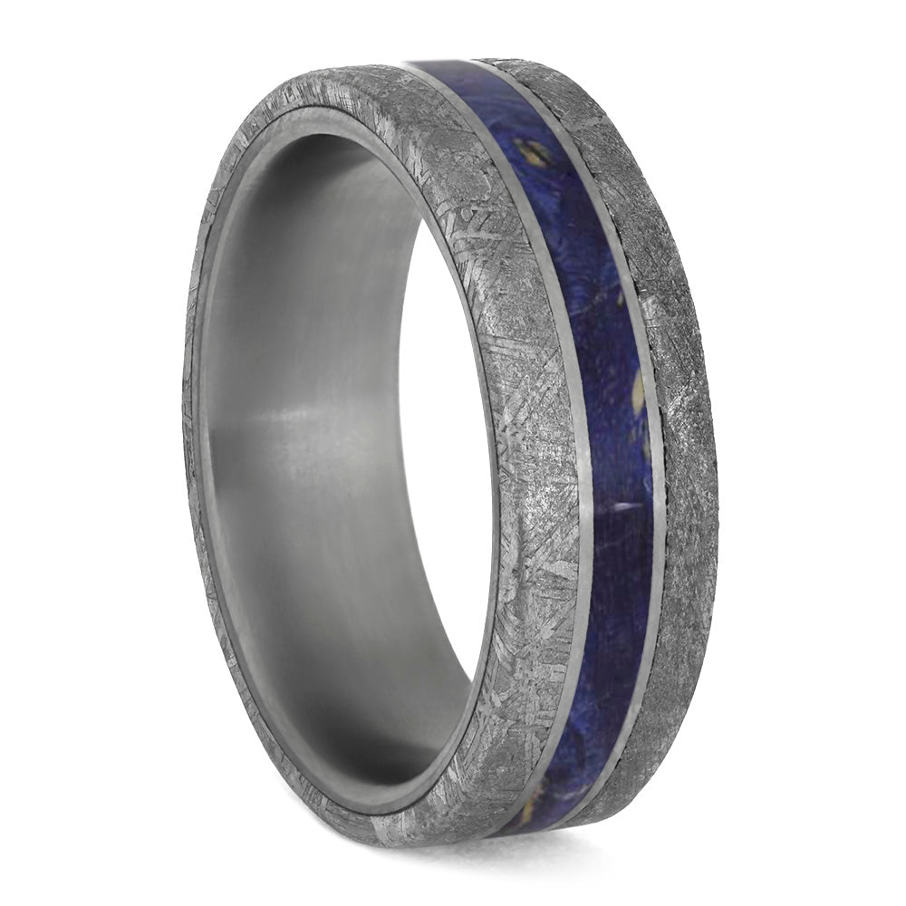 Blue Wood Ring With Meteorite Edges Separated By Titanium Pinstripes-4209 - Jewelry by Johan