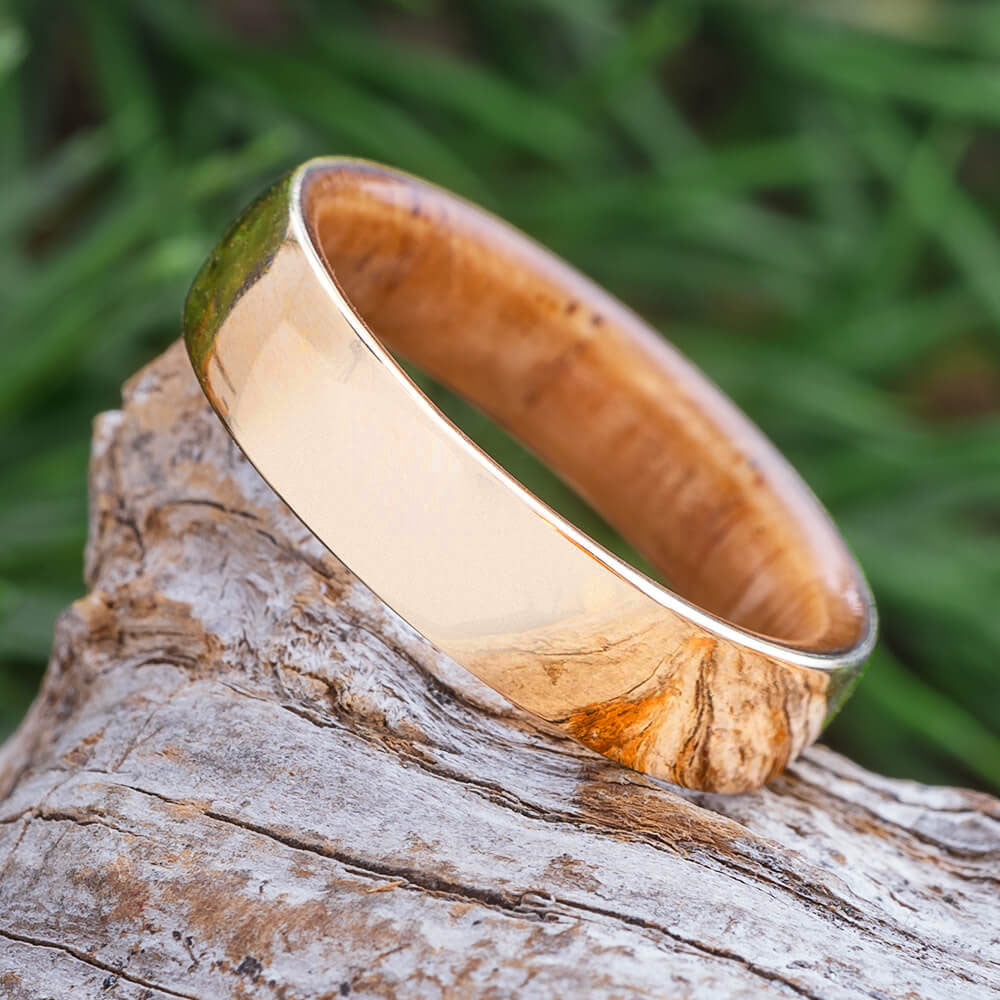 Solid Yellow Gold Wedding Band with Wood Sleeve