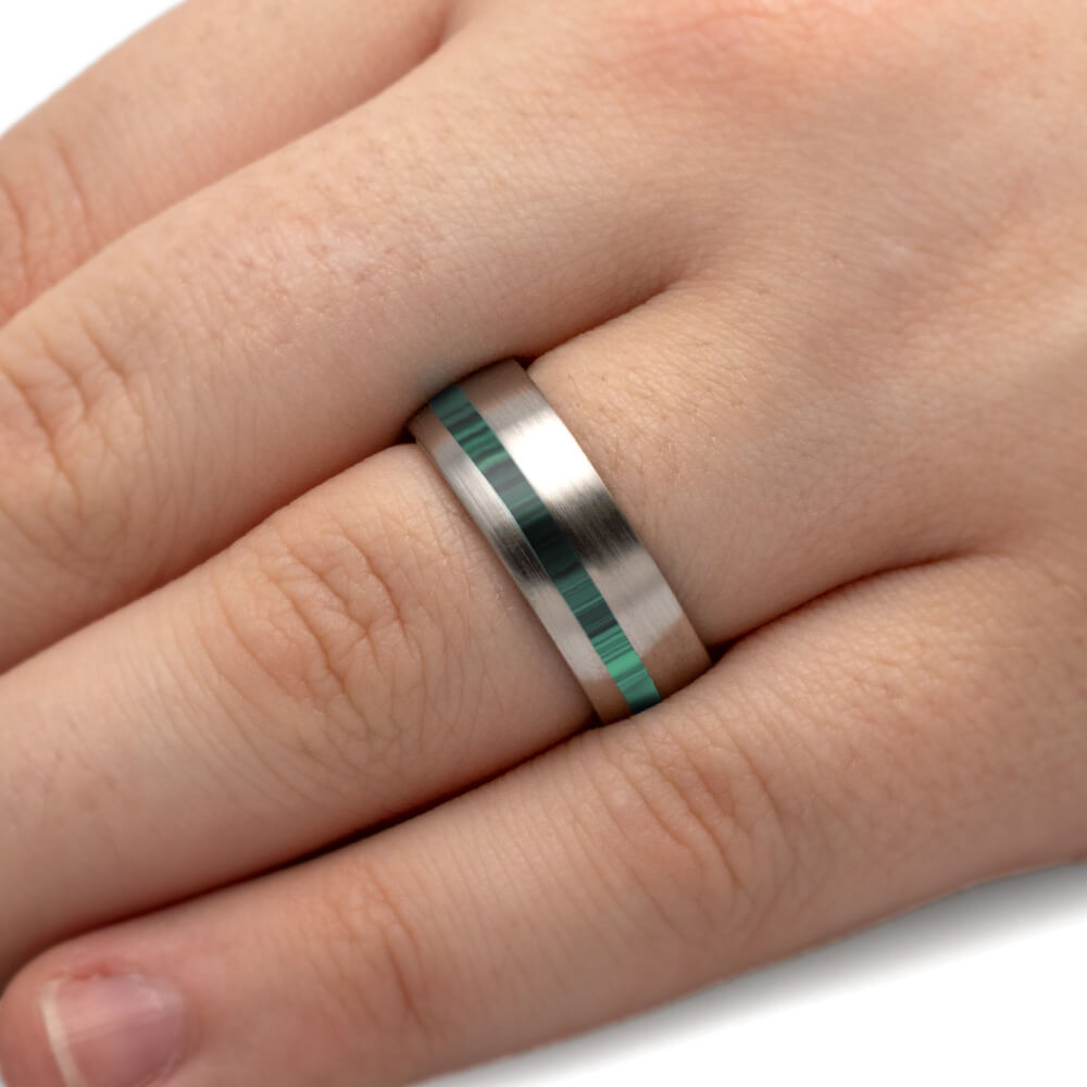 Malachite Ring, Brushed Titanium Wedding Band-4221 - Jewelry by Johan