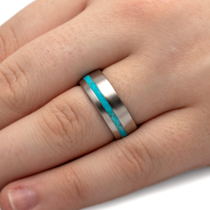 Turquoise Wedding Band With Brushed Titanium Finish-4223 - Jewelry by Johan