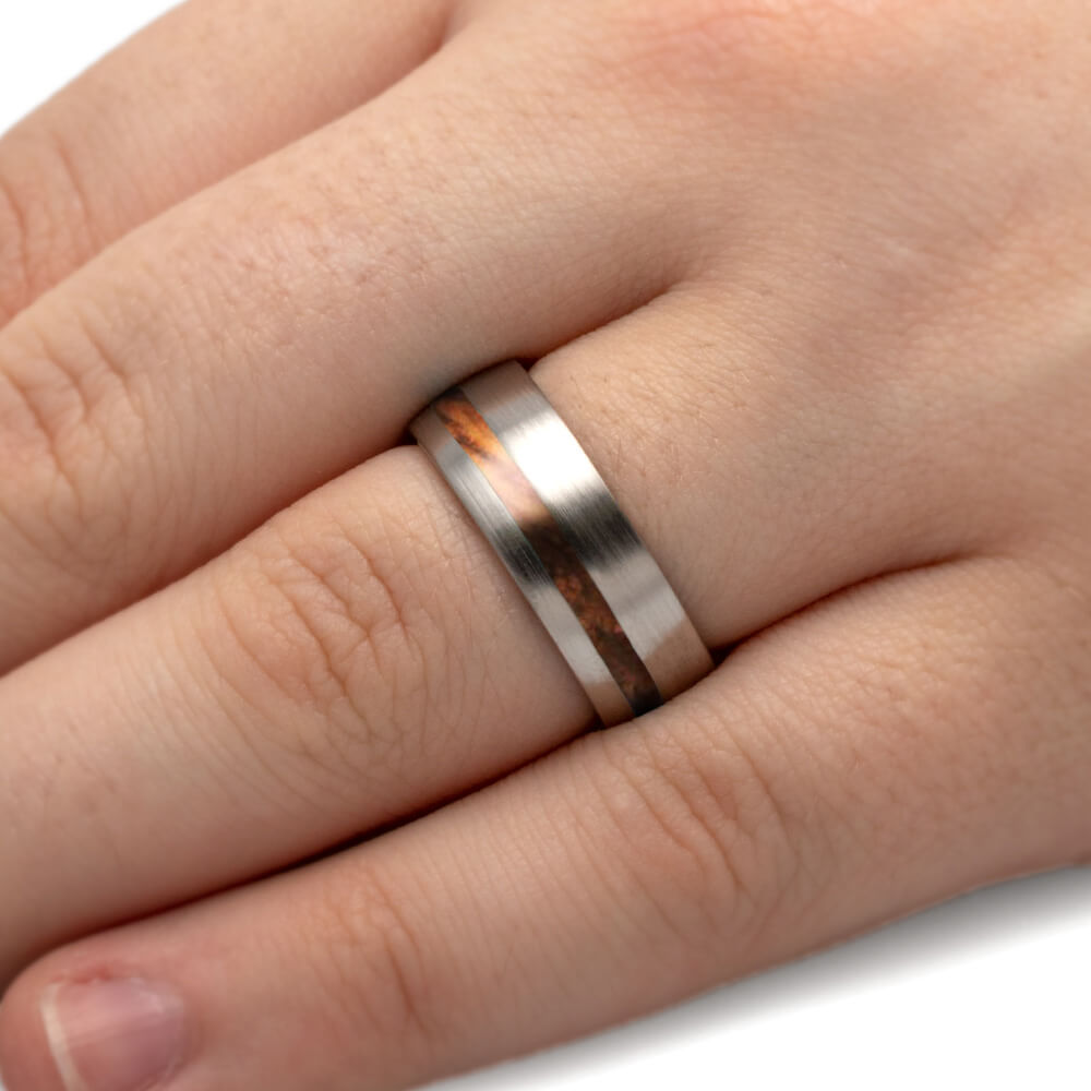 Whiskey Barrel Oak Wood Ring, Brushed Titanium Wedding Band-4226 - Jewelry by Johan