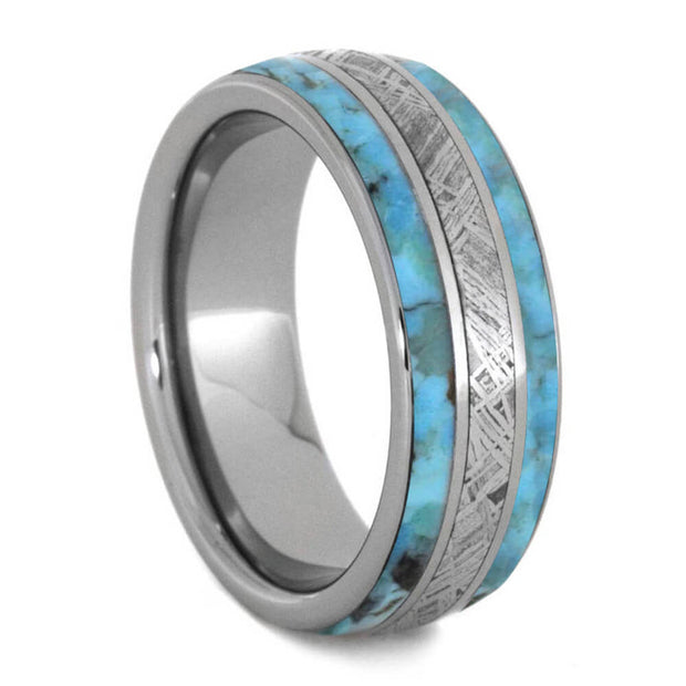 Meteorite Ring With Authentic Turquoise And Titanium Pinstripes-4238 - Jewelry by Johan