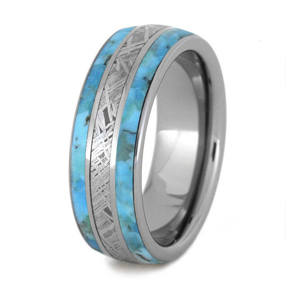 Meteorite Ring With Authentic Turquoise And Titanium Pinstripes-4238 - Jewelry by Johan