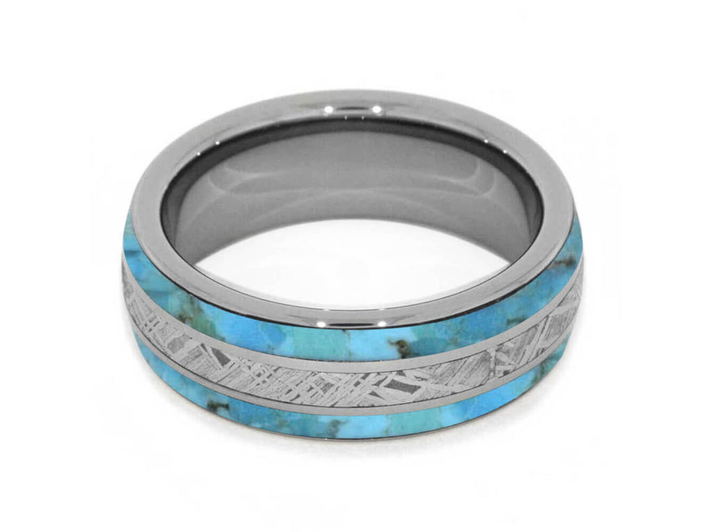 Meteorite Ring With Authentic Turquoise And Titanium Pinstripes-4238 - Jewelry by Johan