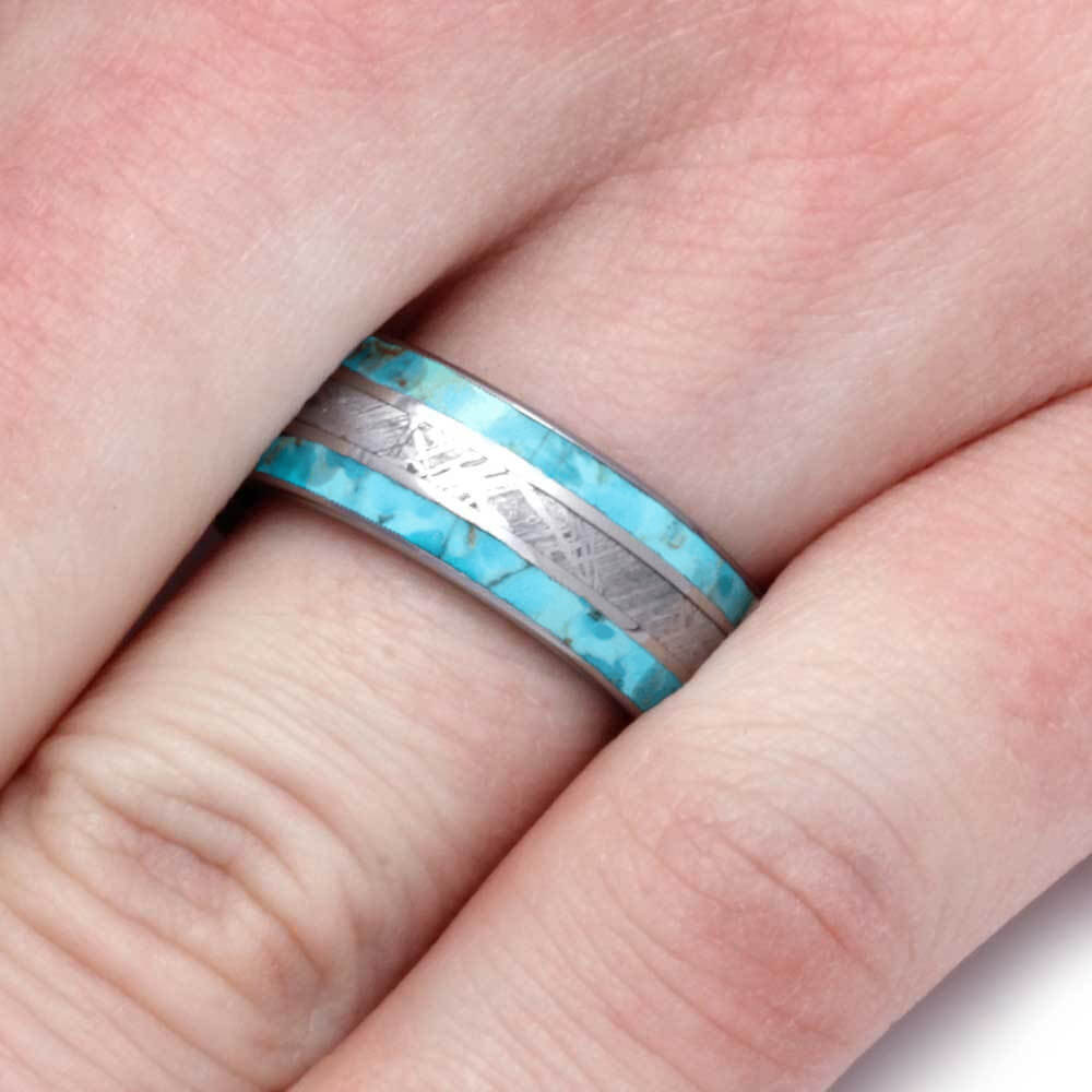 Meteorite Ring With Authentic Turquoise And Titanium Pinstripes-4238 - Jewelry by Johan