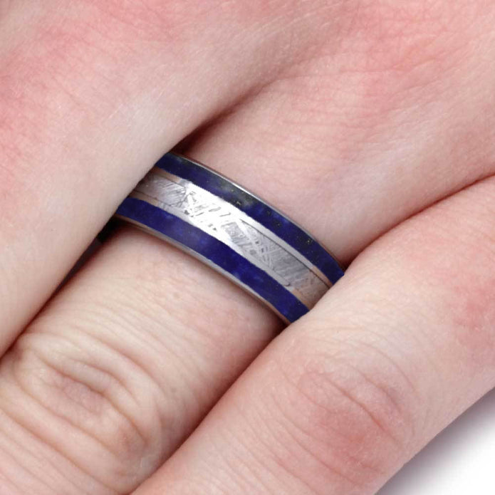 Blue Lapis Lazuli Ring With Meteorite Inlays, Titanium Men's Wedding Band-4239 - Jewelry by Johan