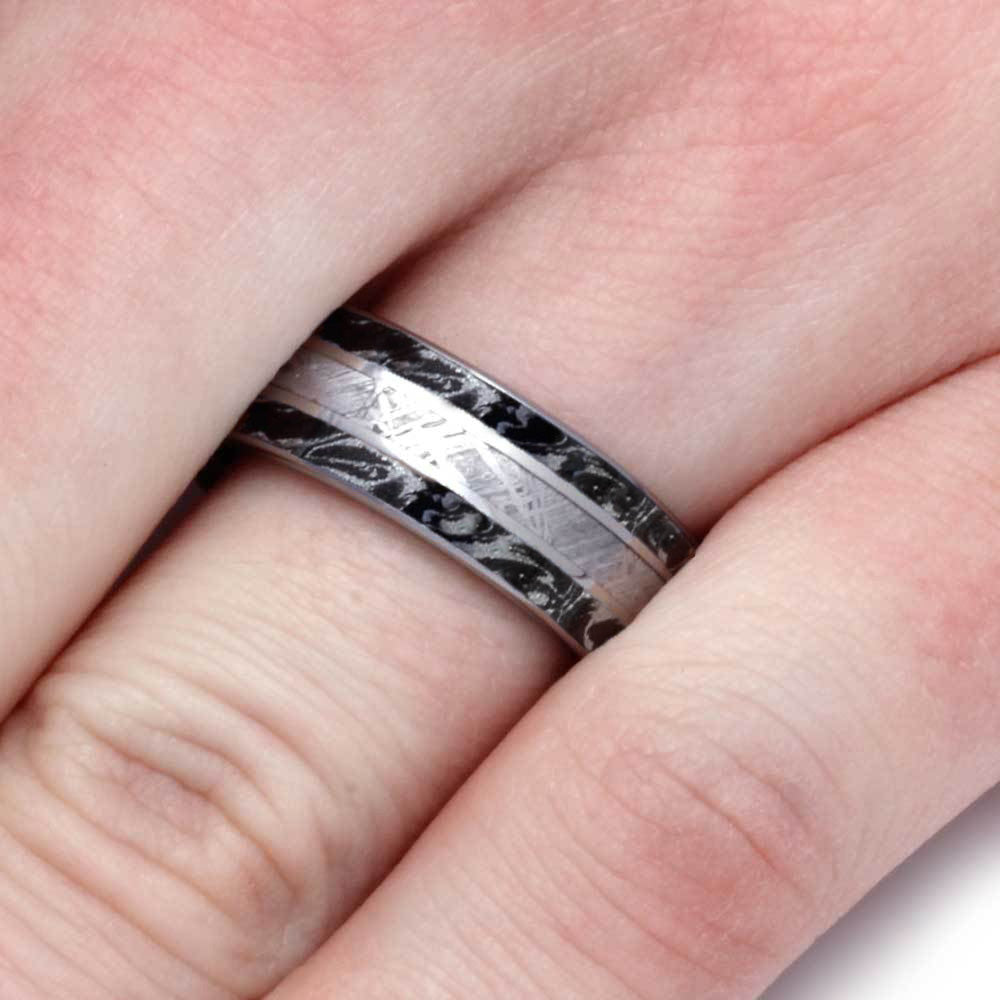 Black And White Mokume Men's Wedding Band With Meteorite-4241 - Jewelry by Johan