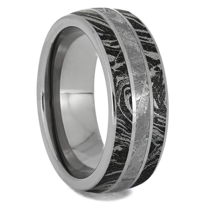 Black And White Mokume Men's Wedding Band With Meteorite-4241 - Jewelry by Johan