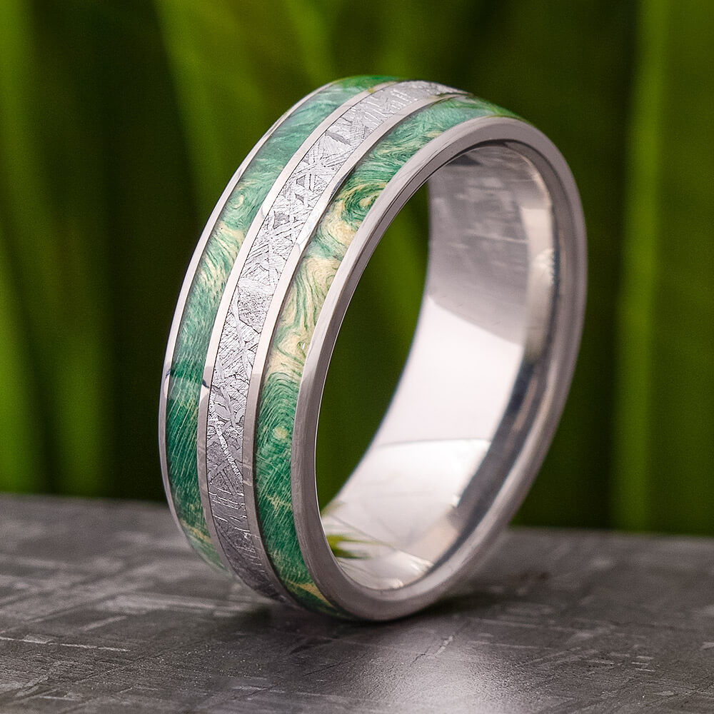 Green Men's Wedding Band With Meteorite, Titanium Ring-4243 - Jewelry by Johan