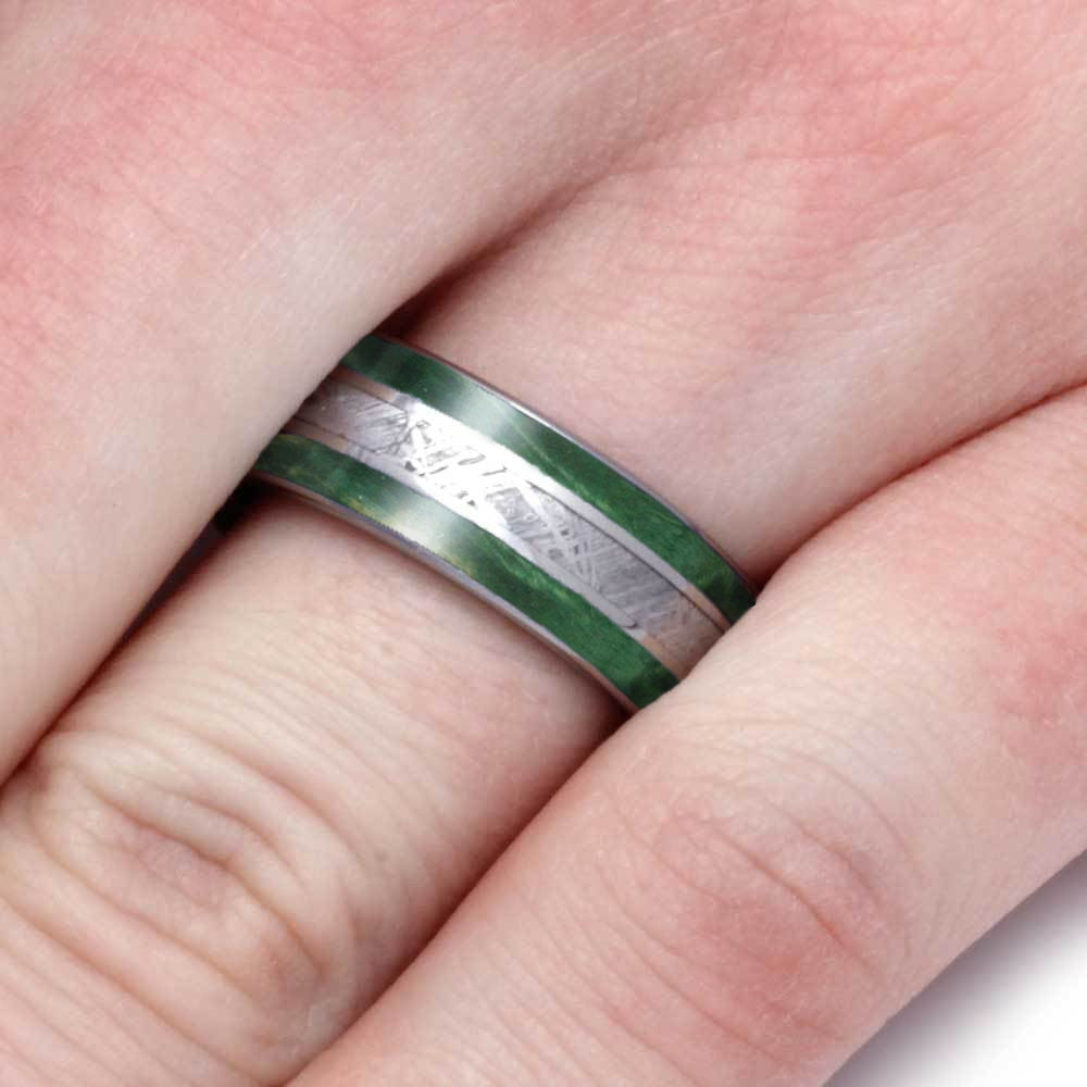 Green Men's Wedding Band With Meteorite, Titanium Ring-4243 - Jewelry by Johan