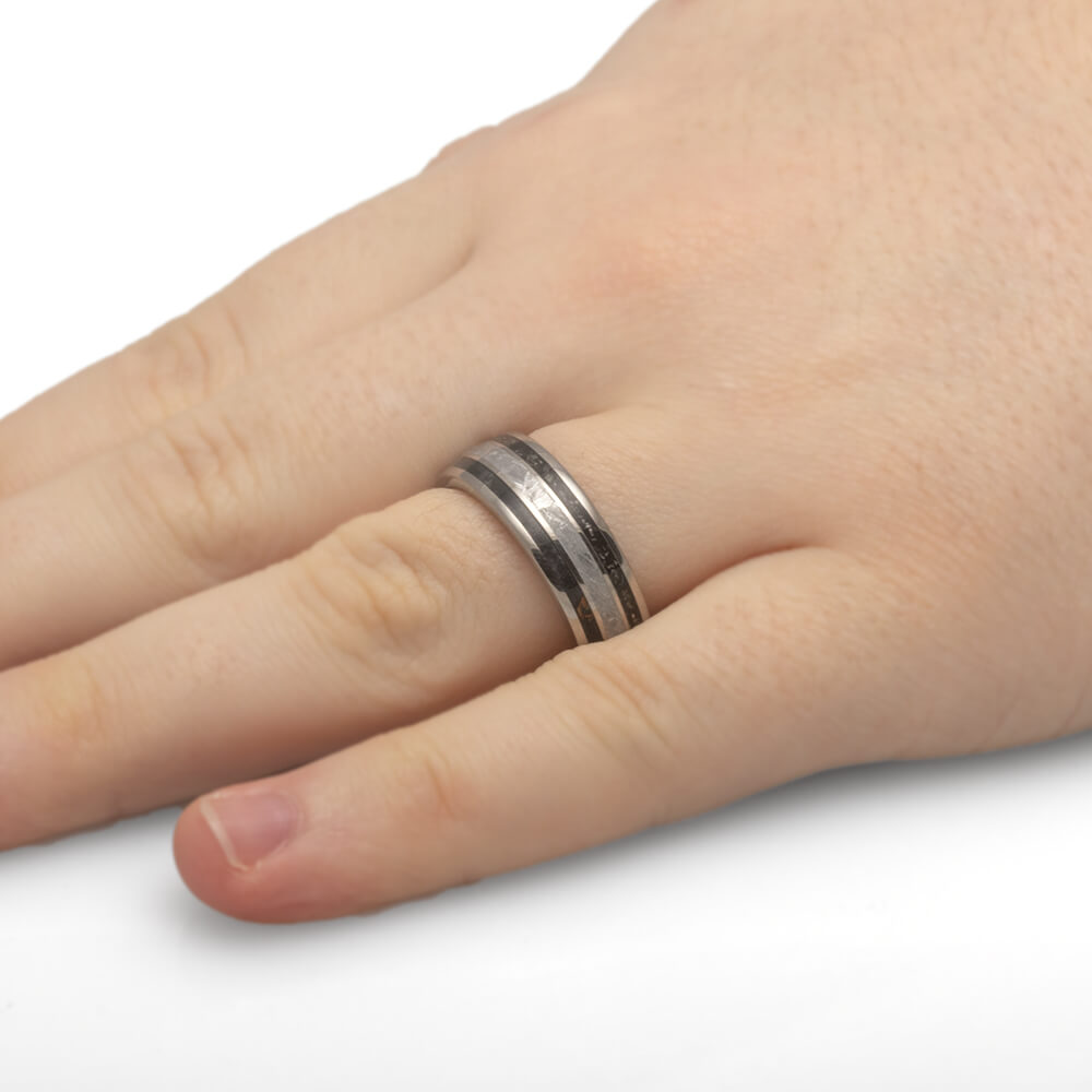 Meteorite Men's Wedding Ring With Whiskey Oak And Black Stardust™-4266 - Jewelry by Johan